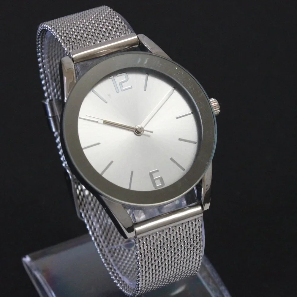 Accutime Ladies Quartz Watch Silver Tone With Wire Milanese Bracelet 34mm